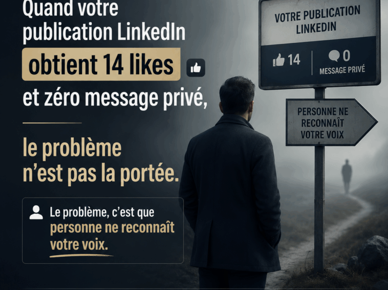Illustration représentant un gestionnaire de patrimoine face à une publication LinkedIn avec 14 likes et aucun message privé, illustrant l'importance d'une voix de marque reconnaissable pour générer des prospects