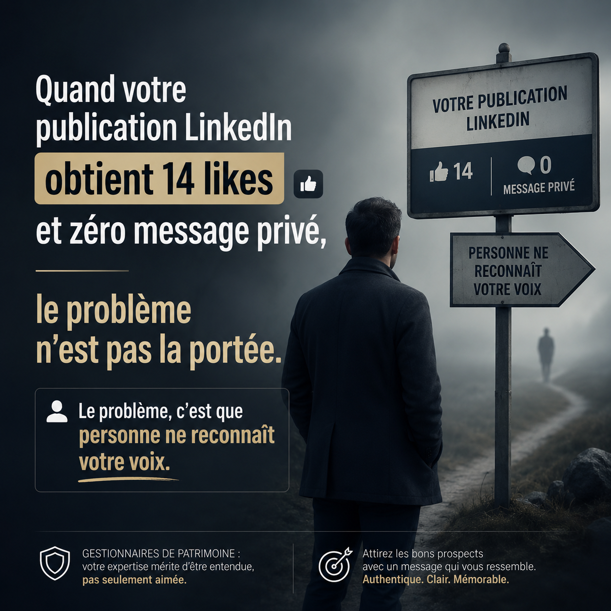 Illustration représentant un gestionnaire de patrimoine face à une publication LinkedIn avec 14 likes et aucun message privé, illustrant l'importance d'une voix de marque reconnaissable pour générer des prospects
