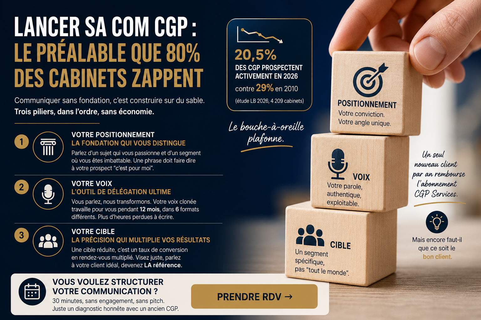 Illustration représentant trois blocs empilés symbolisant le positionnement, la voix et la cible, les trois fondations indispensables pour réussir la communication d'un cabinet de gestion de patrimoine.